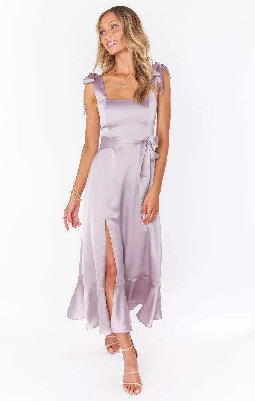 Satin wedding guest dresses with side slits for a sexy touch Claire Midi Dress ~ Dusty Purple Luxe Satin