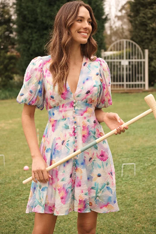 Party dresses with a lace overlay for a feminine touch Clarissa Dress In Pastel Watercolour Floral Party dresses with a lace overlay for a feminine touch Clarissa Dress In Pastel Watercolour Floral