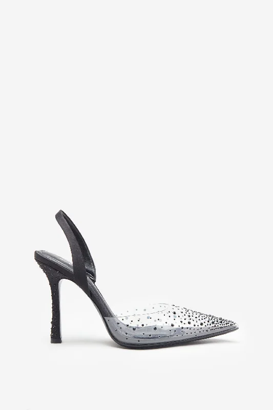 Maxi wedding guest dresses with floral prints for summer weddings Covergirl | Black Diamante Sling Back Pointed Heels