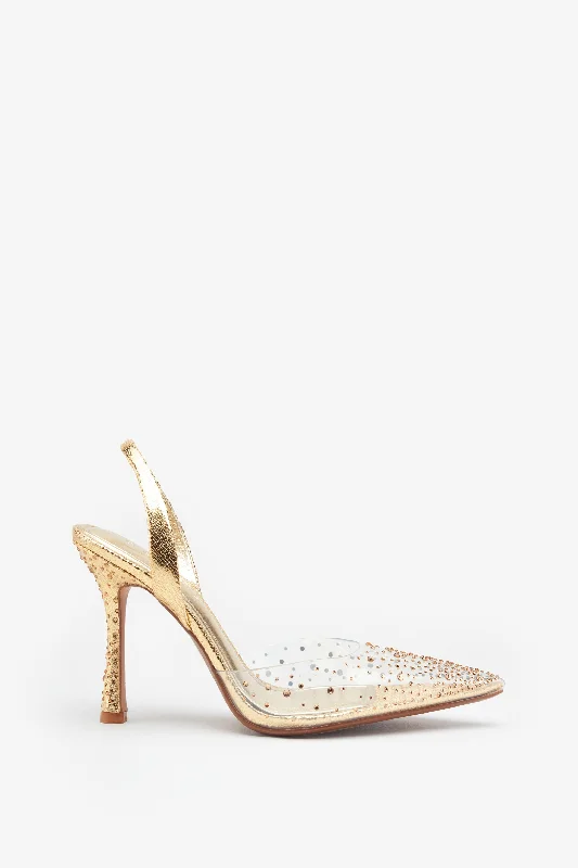 Wedding guest dresses with mesh panels and empire waists Covergirl | Gold Diamante Sling Back Pointed Heels
