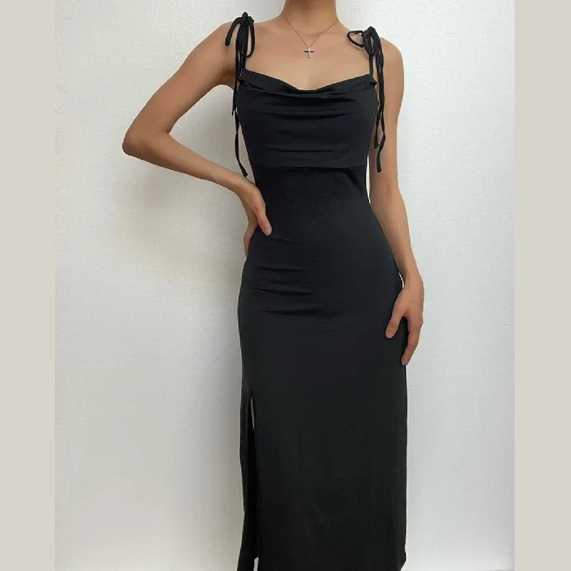 Long - cocktail dresses with a slit and a fitted bodice BerryBetty - Cowl neck solid slit backless self tie ruched midi dress Long - cocktail dresses with a slit and a fitted bodice BerryBetty - Cowl neck solid slit backless self tie ruched midi dress