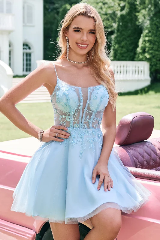 Cocktail dresses with a cut - out detail and a body - con fit Cute Glitter A Line Beaded Corset Tulle Blue Homecoming Dress with Appliques
