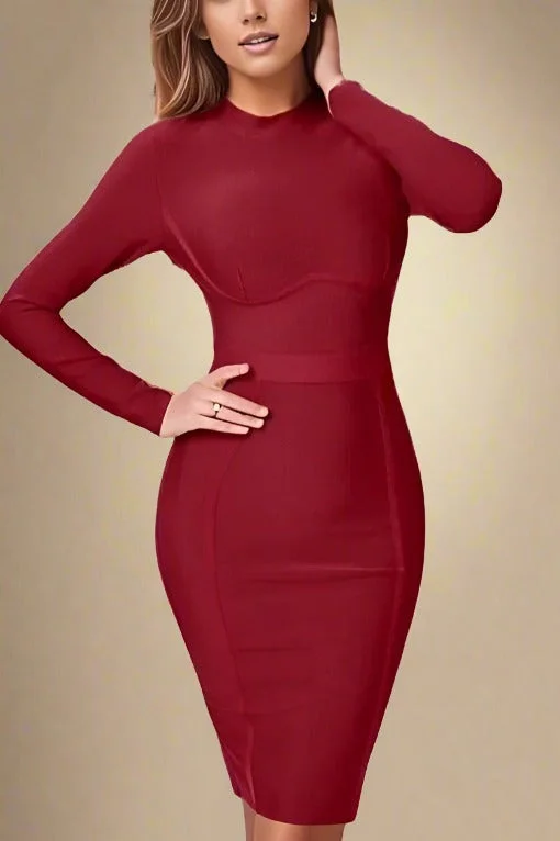 Holiday dresses with adjustable spaghetti straps and a ruched bodice for a customizable and flattering holiday fit Dee Long Sleeve Bandage Dress - Red Wine Holiday dresses with adjustable spaghetti straps and a ruched bodice for a customizable and flattering holiday fit Dee Long Sleeve Bandage Dress - Red Wine
