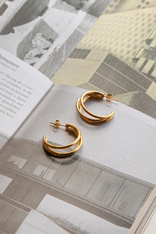 Wedding guest dresses with abstract prints and long trains Dominique Triple Open Hoop Earrings Gold