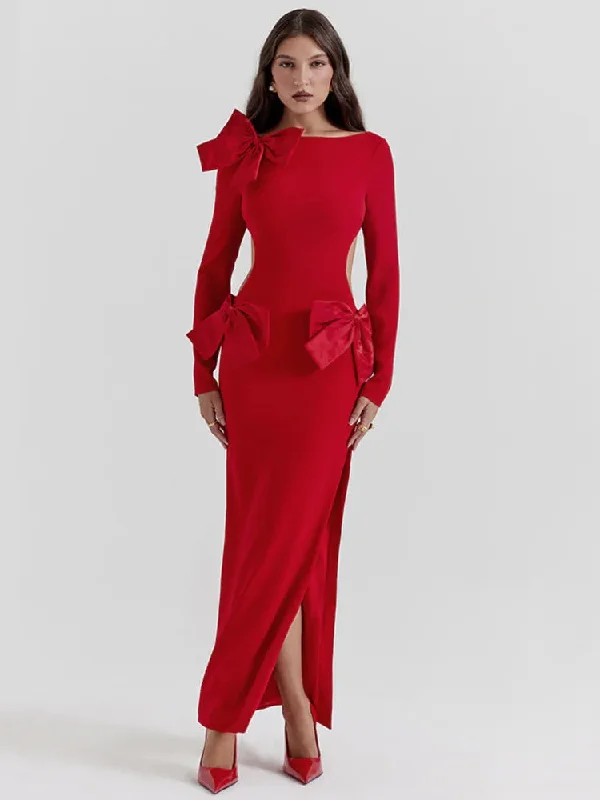 Cocktail dresses with a keyhole back and a midi - length Elegant Bow Backless Maxi Christmas Party Dress Cocktail dresses with a keyhole back and a midi - length Elegant Bow Backless Maxi Christmas Party Dress