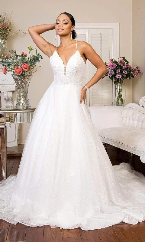 Wedding dresses with a bateau neckline for a classic shape Elizabeth K - GL1905 Embroidered Deep V Neck Mesh A-line Gown Wedding dresses with a bateau neckline for a classic shape Elizabeth K - GL1905 Embroidered Deep V Neck Mesh A-line Gown