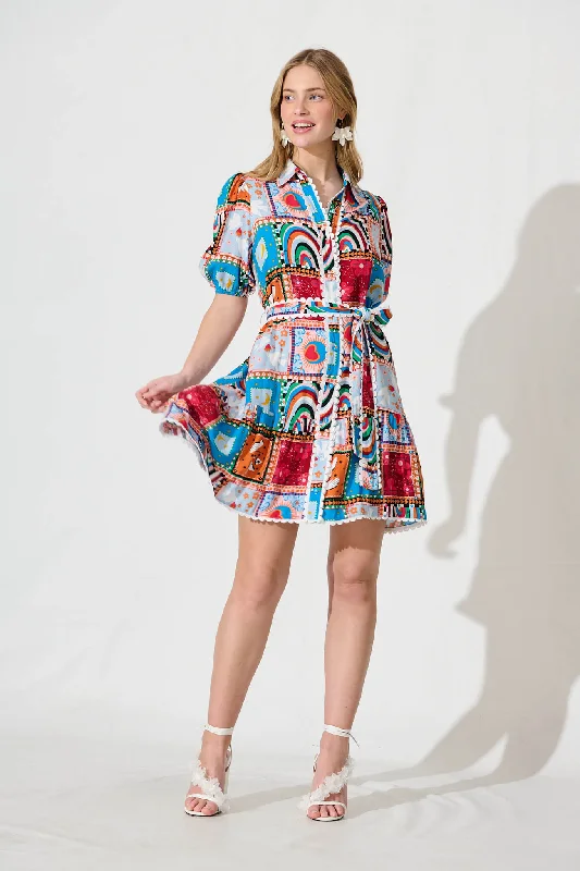 Satin party dresses with a smooth and lustrous finish Fairytales Shirt Dress In Bright Multi Satin party dresses with a smooth and lustrous finish Fairytales Shirt Dress In Bright Multi