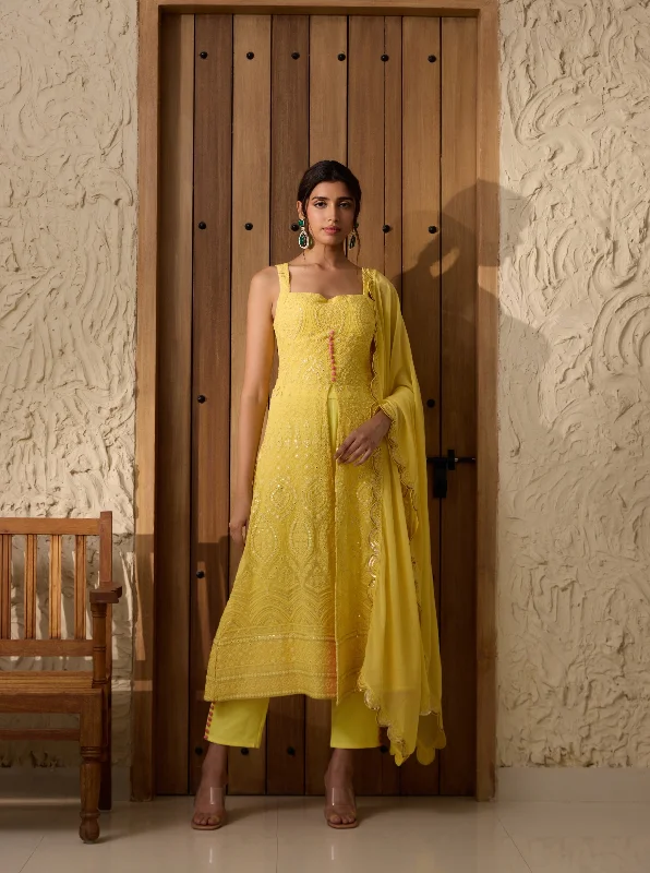 High - low hem holiday dresses with sequined trims for a trendy and eye - catching appearance Falak Yellow Embroidered Georgette Anarkali Suit Set High - low hem holiday dresses with sequined trims for a trendy and eye - catching appearance Falak Yellow Embroidered Georgette Anarkali Suit Set