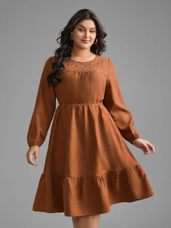 A - line cocktail wedding guest dresses in pastel colors Faux Suede Lace Panel Lantern Sleeve Dress