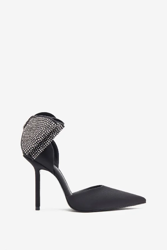 Wedding guest dresses with cold - shoulder designs and solid colors Flashing Lights | Black Satin Pointed Court Heels With Diamante Bows