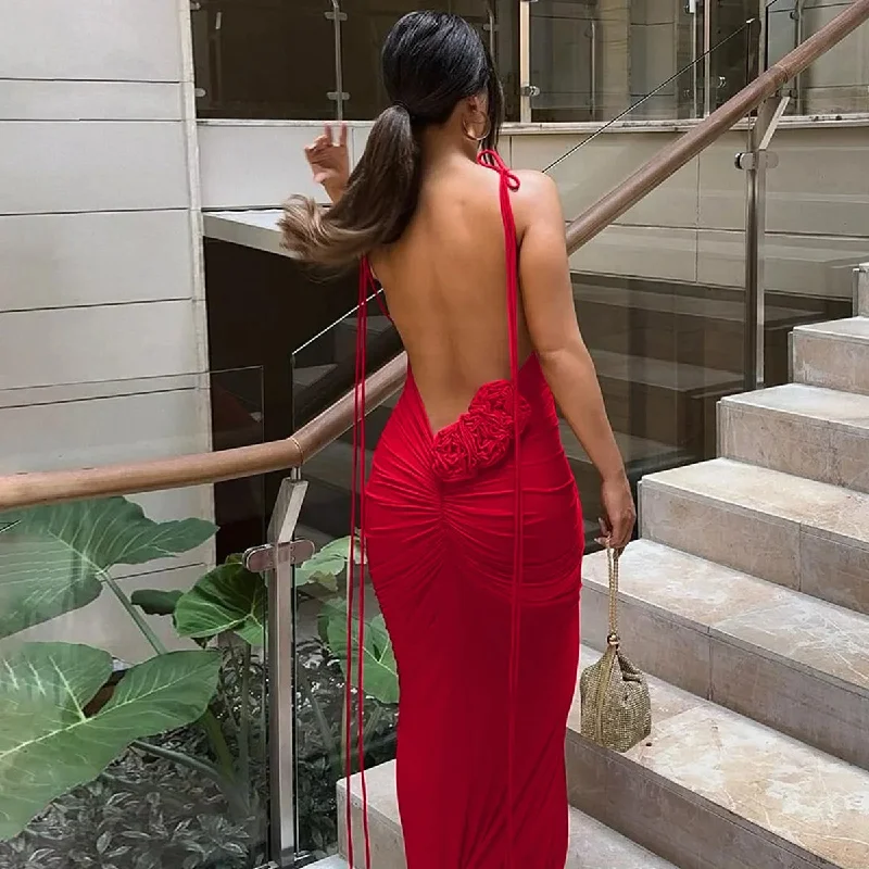 Long - cocktail dresses with a slit and a fitted bodice Floral-applique Backless Maxi Christmas Party Dress