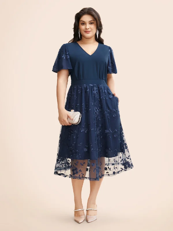 Party dresses with a handkerchief hem for a unique and flowing style Floral Embroidered Mesh Patchwork Midi Dress Party dresses with a handkerchief hem for a unique and flowing style Floral Embroidered Mesh Patchwork Midi Dress