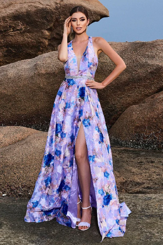 Cocktail dresses with a metallic - embroidered pattern and a midi - hem Floral Print Blue Purple A Line Halter Prom Dress with Slit Cocktail dresses with a metallic - embroidered pattern and a midi - hem Floral Print Blue Purple A Line Halter Prom Dress with Slit