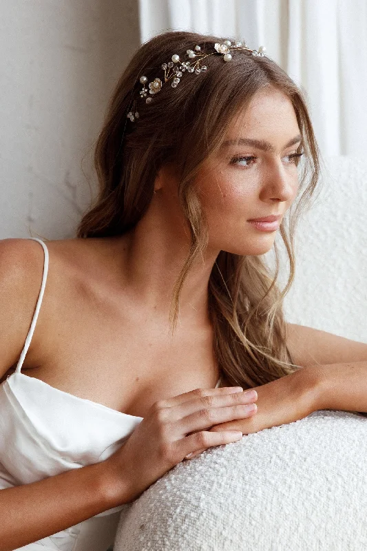 Wrap - style wedding guest dresses with bow accents Flower & Pearl Wire Headband Gold
