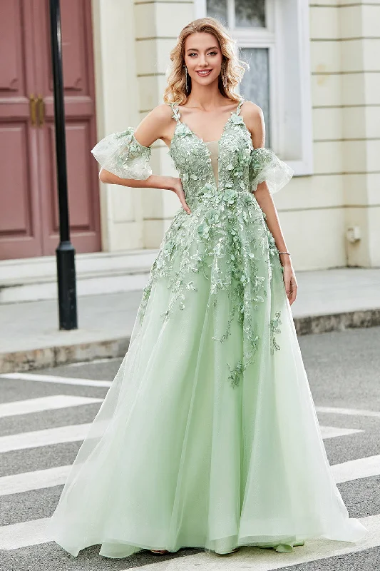 Cocktail dresses with a tassel - adorned belt and a sheath style Green Removable Sleeves Tulle Prom Dress with Appliques Cocktail dresses with a tassel - adorned belt and a sheath style Green Removable Sleeves Tulle Prom Dress with Appliques