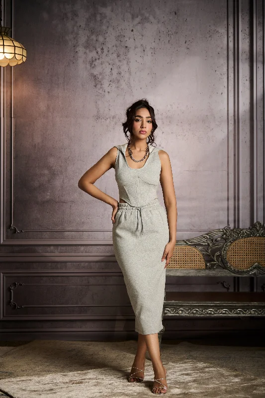 Long - length party dresses with a high - low hem for a trendy style Paula Grey Drawstring Midi Skirt Long - length party dresses with a high - low hem for a trendy style Paula Grey Drawstring Midi Skirt