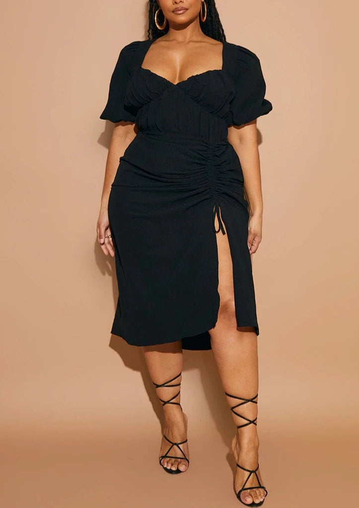 Holiday dresses with ruffled sleeves for a feminine touch at family gatherings Hailey PUFF SLEEVE RUCHED SIDE SPLIT MIDI DRESS Holiday dresses with ruffled sleeves for a feminine touch at family gatherings Hailey PUFF SLEEVE RUCHED SIDE SPLIT MIDI DRESS