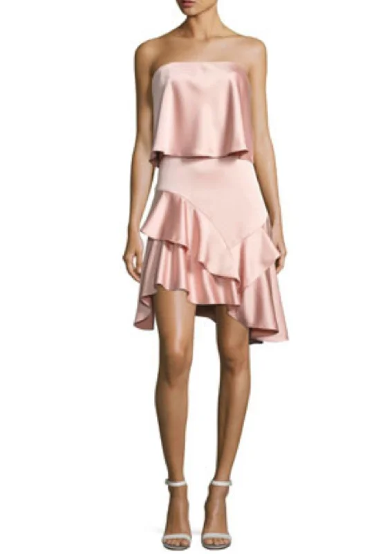Wedding guest dresses with keyhole backs and flowing fabrics Nude Satin Strapless Flounce Mini Dress