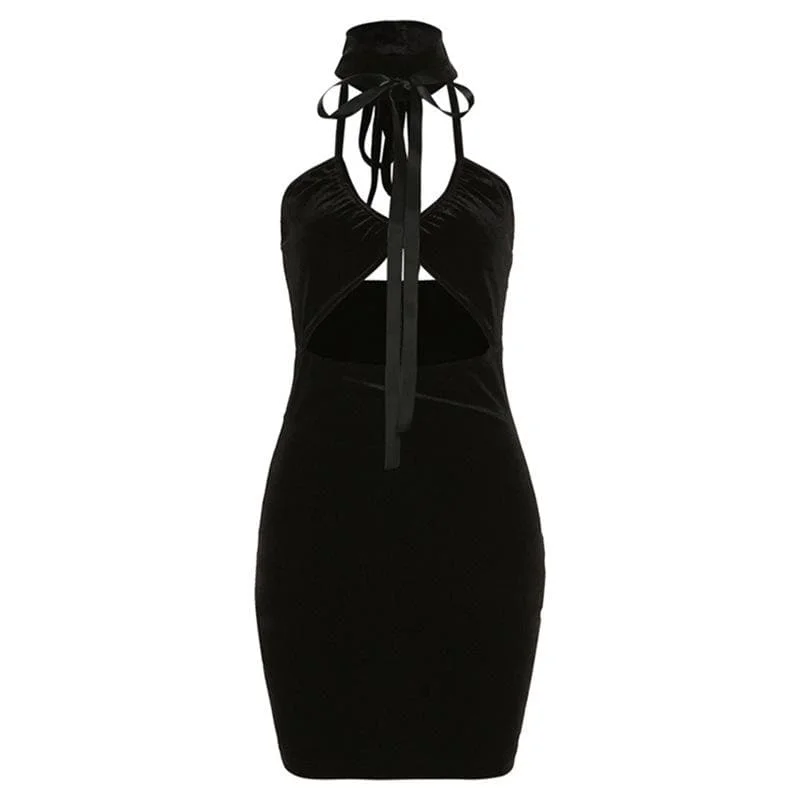 Mini cocktail dresses with a glittery finish for a party - ready style BerryBetty - Halter velvet solid drawstring hollow out backless mini dress
