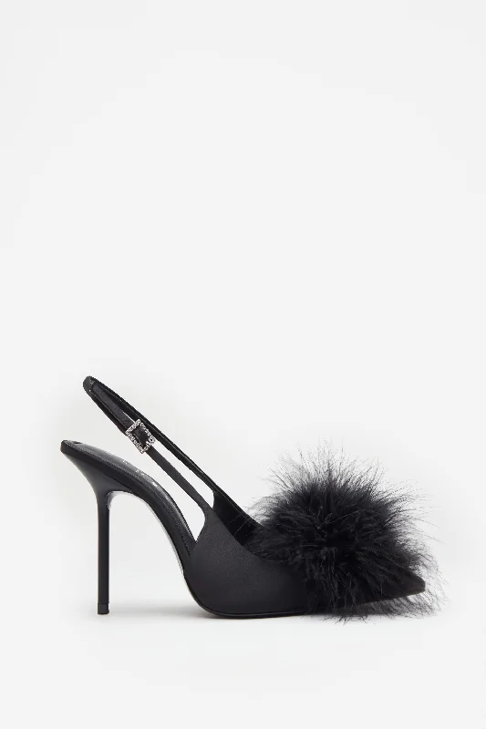 Wedding guest dresses with patchwork designs for a unique look High Pitched | Black Satin Sling Back Heels With Pom Poms