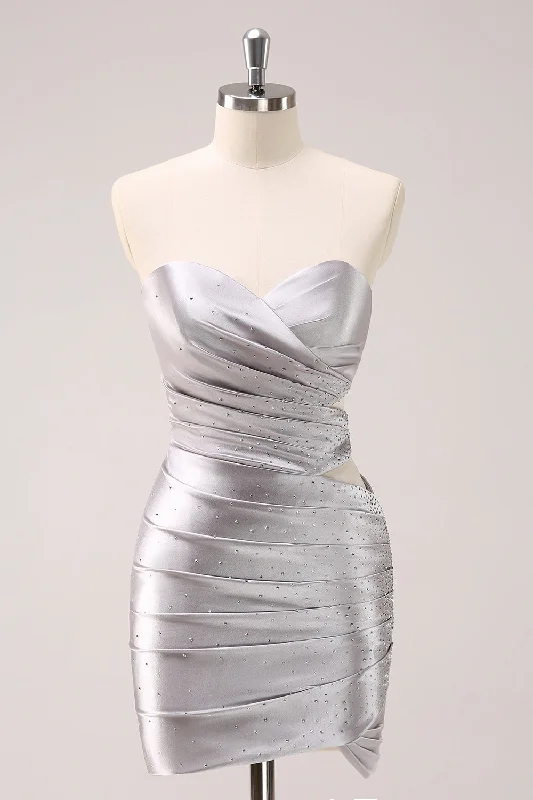Mini cocktail dresses with a cold - shoulder ruffled sleeve Silver Strapless Hollow Out Pleated Tight Homecoming Dress with Beading Mini cocktail dresses with a cold - shoulder ruffled sleeve Silver Strapless Hollow Out Pleated Tight Homecoming Dress with Beading