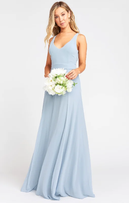 Wedding guest dresses with high - low hems and floral appliques Jenn Maxi Dress ~ Steel Blue Chiffon
