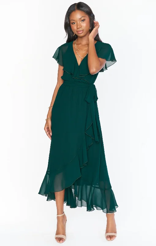 Strapless wedding guest dresses with rhinestone - studded bodices Jess Ruffle Midi Dress ~ Emerald Chiffon