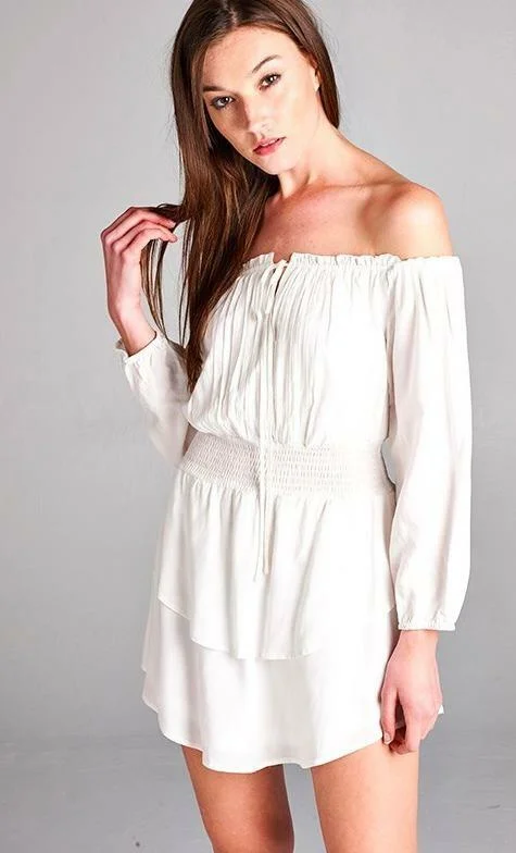 Beach party dresses made of lightweight and breathable fabric Just Wanna Have Fun White Off-the-Shoulder Tiered Dress Beach party dresses made of lightweight and breathable fabric Just Wanna Have Fun White Off-the-Shoulder Tiered Dress