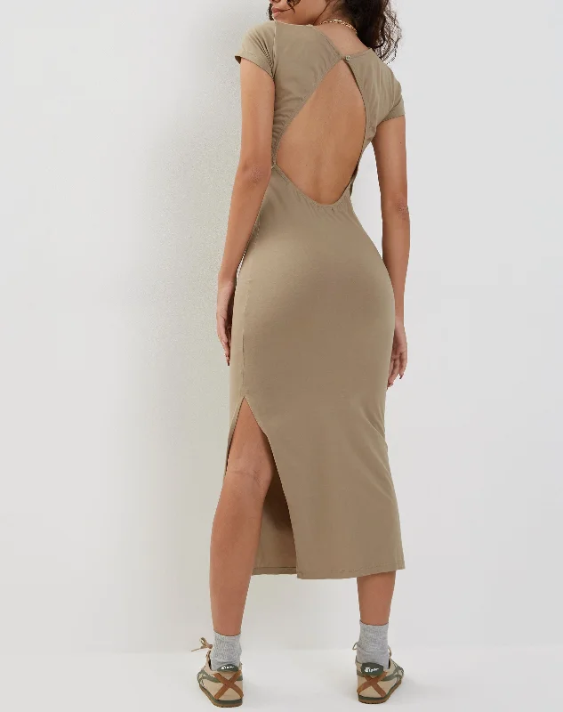 Bodycon dress with a patchwork pattern​ Kasor Open Back Midi Dress in London Fog