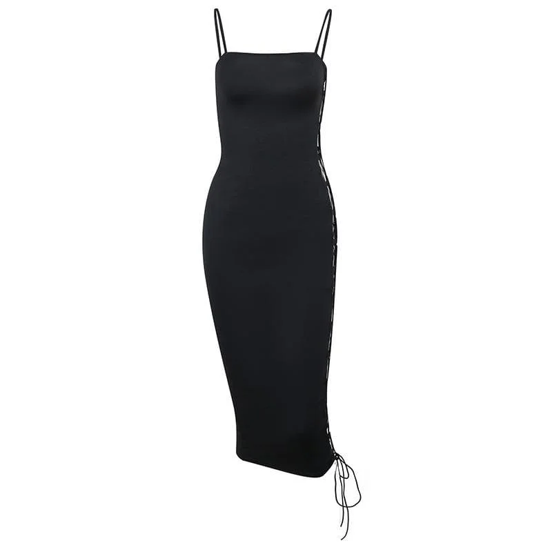 Geometric - printed cocktail dresses with a long - sleeve option BerryBetty - Lace up solid irregular backless square neck midi dress Geometric - printed cocktail dresses with a long - sleeve option BerryBetty - Lace up solid irregular backless square neck midi dress