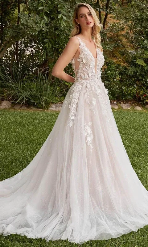 Cathedral train wedding dresses for a grand entrance Ladivine CDS436W - 3D Embellished A-line Bridal Gown Cathedral train wedding dresses for a grand entrance Ladivine CDS436W - 3D Embellished A-line Bridal Gown