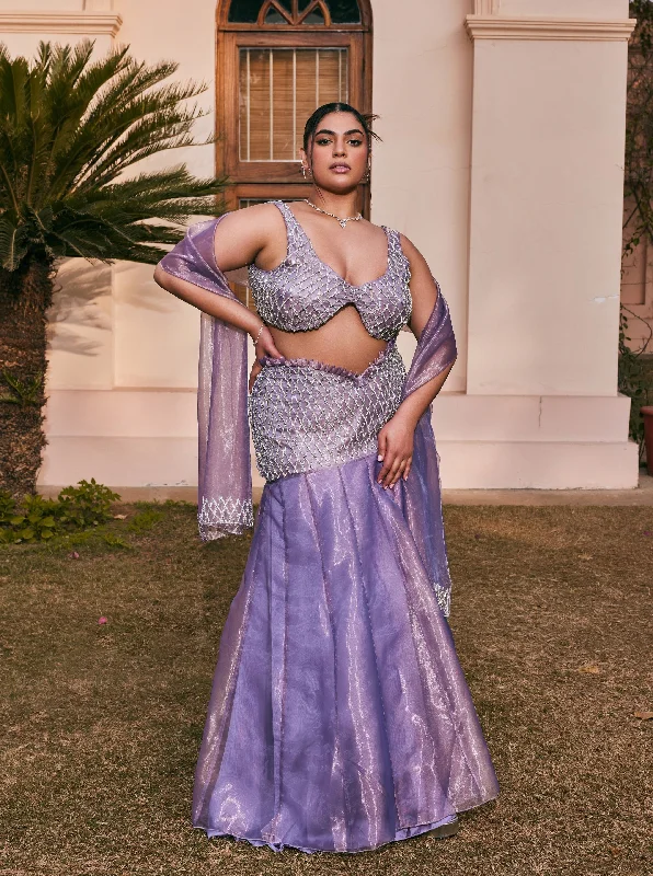 Holiday dresses with an elastic waistband for a comfortable and easy - to - wear holiday option Urmi Mermaid Hand-Embroidered Purple Organza Lehenga Set Holiday dresses with an elastic waistband for a comfortable and easy - to - wear holiday option Urmi Mermaid Hand-Embroidered Purple Organza Lehenga Set