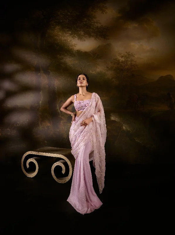 Holiday dresses with a wrap - around style and tie - closure for a versatile and flattering holiday fit Heer Lavender Embroidered Pre-Draped Saree Holiday dresses with a wrap - around style and tie - closure for a versatile and flattering holiday fit Heer Lavender Embroidered Pre-Draped Saree