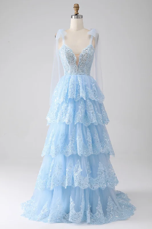 Cocktail dresses with cold - shoulder designs in a lightweight fabric Light Blue Sweetheart Bow Tie Straps Tiered Tulle Sequin Prom Dress with Appliques Cocktail dresses with cold - shoulder designs in a lightweight fabric Light Blue Sweetheart Bow Tie Straps Tiered Tulle Sequin Prom Dress with Appliques