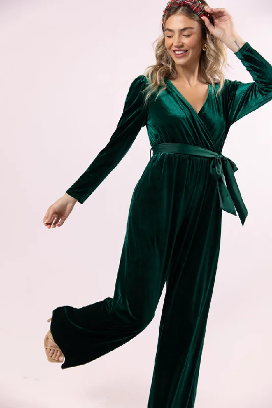 Asymmetric - hem wedding guest dresses in metallic hues Love You Snow Much Evergreen Velvet Belted Jumpsuit
