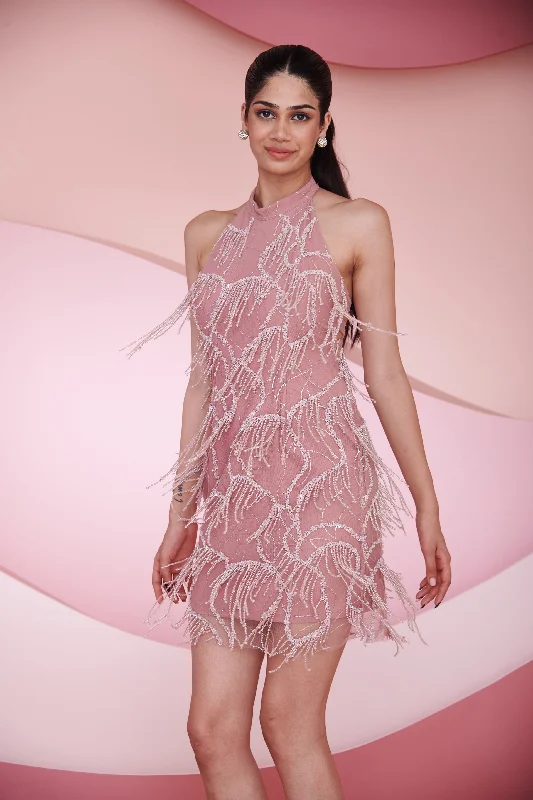 Holiday dresses with a beaded neckline and cap sleeves for a glamorous and refined holiday appearance​ Florence Mauve Pink Halter Neck Embroidered Mini Dress