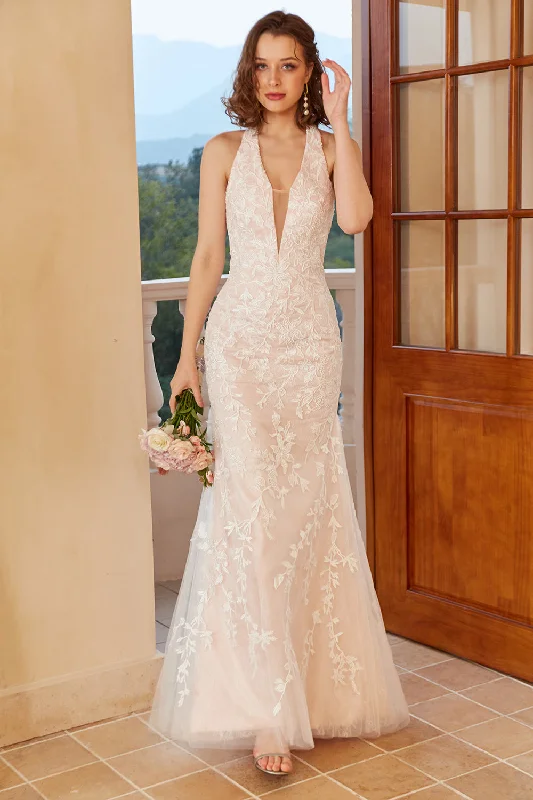 Boho - inspired wedding dresses with floral embroidery Mermaid Deep V Neck White Lace Wedding Dress with Appliques Boho - inspired wedding dresses with floral embroidery Mermaid Deep V Neck White Lace Wedding Dress with Appliques
