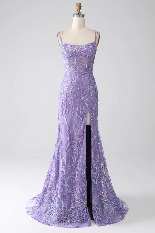 Mini cocktail dresses with a ruffled hem and a solid color Mermaid Lace-Up Back Lilac Sequins Prom Dress with Slit Mini cocktail dresses with a ruffled hem and a solid color Mermaid Lace-Up Back Lilac Sequins Prom Dress with Slit