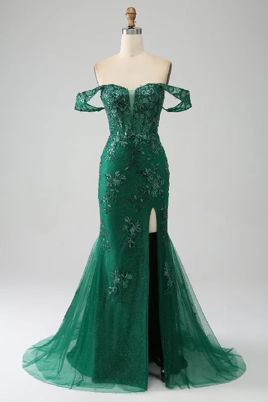 Cocktail dresses with a wrap - front style and a long - length option Mermaid Off The Shoulder Dark Green Prom Dress with Appliques Cocktail dresses with a wrap - front style and a long - length option Mermaid Off The Shoulder Dark Green Prom Dress with Appliques