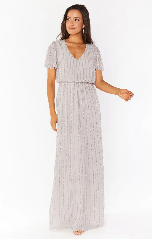 Midi wedding guest dresses in navy blue for a formal affair Michelle Flutter Maxi Dress ~ Dove Grey Beaded