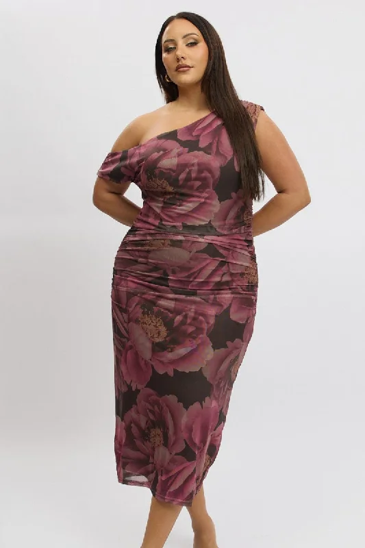 Bodycon dress with a cold - shoulder design Multi Floral One Shoulder Asymmetric Dress Bodycon dress with a cold - shoulder design Multi Floral One Shoulder Asymmetric Dress