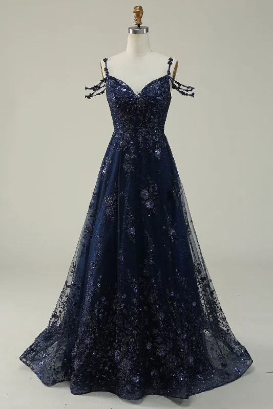 Geometric - printed cocktail dresses with a long - sleeve option Navy A Line Cold Shoulder Long Prom Dress Geometric - printed cocktail dresses with a long - sleeve option Navy A Line Cold Shoulder Long Prom Dress