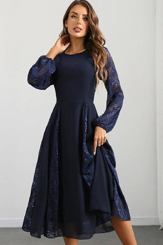 Mini cocktail dresses with a ruffled hem and a solid color Navy A Line Round Neck Long Prom Dress with Long Sleeves Mini cocktail dresses with a ruffled hem and a solid color Navy A Line Round Neck Long Prom Dress with Long Sleeves
