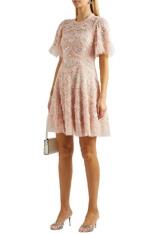 A - line cocktail wedding guest dresses in pastel colors Nude Lily Bloom Embellished Sequins Flutter Sleeves Mini Dress