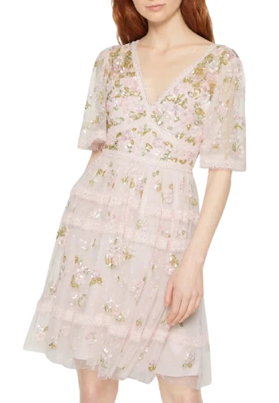 Polka - dot - printed wedding guest dresses with short sleeves Blush Shimmer Primrose Sequined Tulle Mini Dress