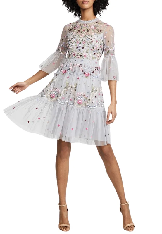 Mini wedding guest dresses with glittery accents for a trendy look Light Grey Dreamers Floral Embroidered Midi Dress