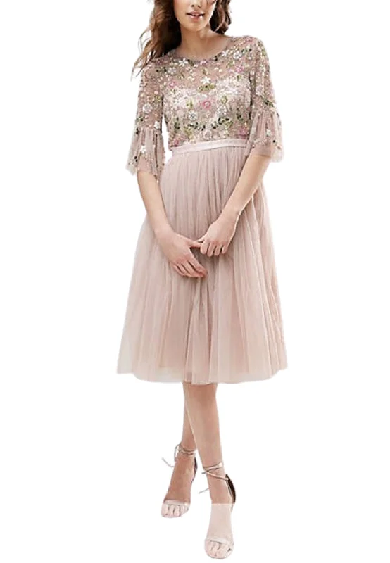 Sheath - style wedding guest dresses with lace overlays Purple Ruffled 3/4 Sleeves Floral Embellished Midi Dress