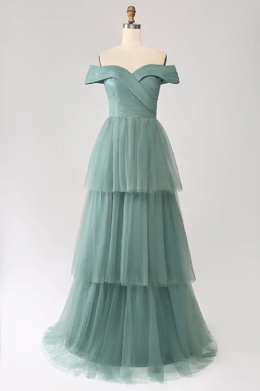 Metallic cocktail dresses with a halter neck for a glamorous occasion Grey Green A Line Off the Shoulder Tiered Tulle A Line Prom Dress Metallic cocktail dresses with a halter neck for a glamorous occasion Grey Green A Line Off the Shoulder Tiered Tulle A Line Prom Dress