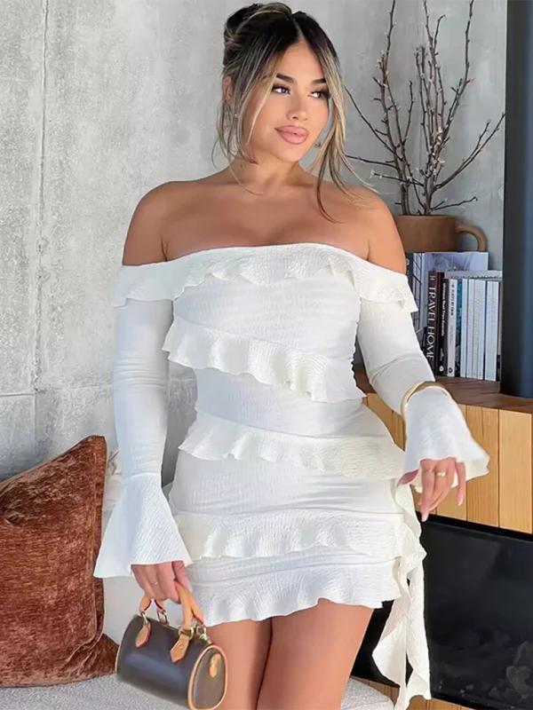 Sheer cocktail dresses with a lining and a short hem One-shoulder Ruffled Trumpet Sleeve Ribbon Dress - Party Dresses Sheer cocktail dresses with a lining and a short hem One-shoulder Ruffled Trumpet Sleeve Ribbon Dress - Party Dresses
