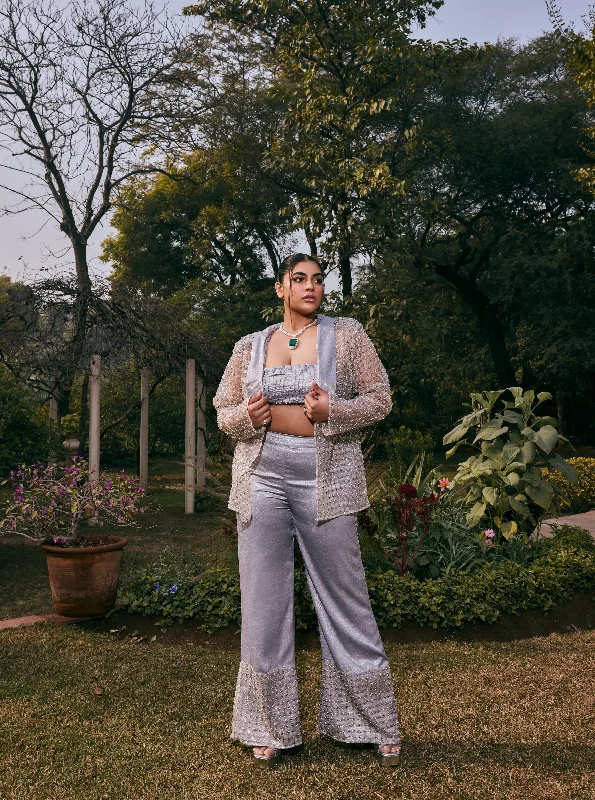 Chiffon holiday dresses with a sheer overlay for a dreamy and ethereal holiday look Safa Grey Shimmer Satin Hand-Embroidered Coord Set Chiffon holiday dresses with a sheer overlay for a dreamy and ethereal holiday look Safa Grey Shimmer Satin Hand-Embroidered Coord Set